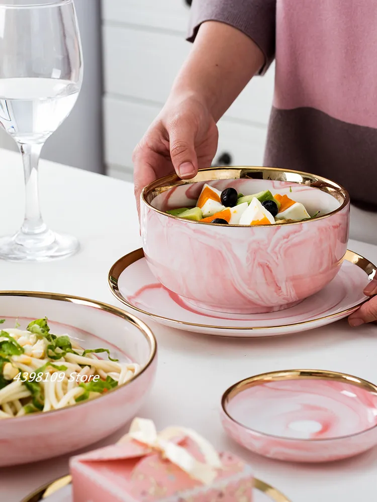 Скандинавские столовые приборы керамические позолоченные диск розовая мраморная текстура западное блюдо Романтическая Свадебная Посуда декоративная тарелка