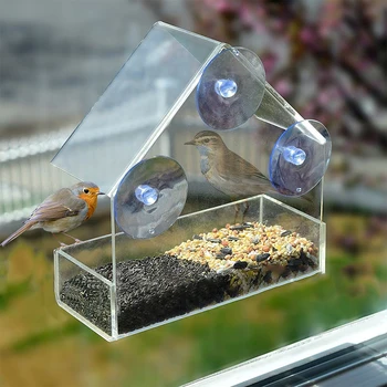 

House Type Bird Feeder New Clear Glass Window Viewing Bird Feeder Hotel Table Seed Peanut Hanging Suction Alimentador Adsorption