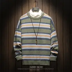 2019 осень и зима новое поступление пуловер с круглым вырезом и кроличьим мехом вязаный свитер размера плюс свободный полосатый вязаный