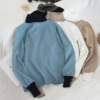 

Casual Winter Patchwork Sweater Turtleneck Ladies Chic Long Sleeves Sweater Women Loose Soft Jumper Knitted 4 Color Pullover