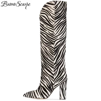 

Zebra Women Knee High Boots Flock Heel Quality Women Botas Mujer Stripes Chunky High Heel Female Boots Brand Designer Prom Shoes