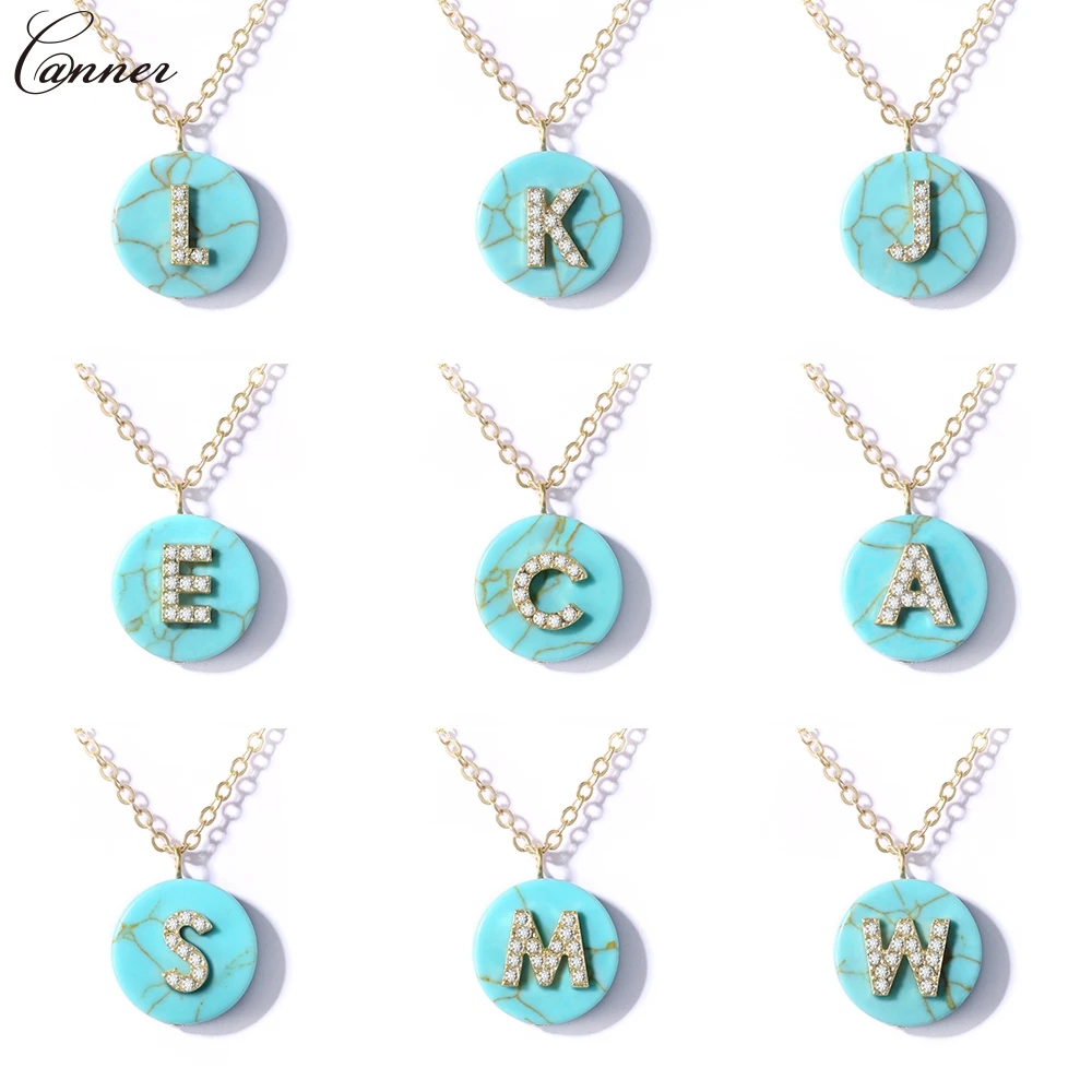 

CANNER Name Initial Letter Necklace Women Green Natural Stone Necklace CZ Crystal Zircon Round Pendant Necklaces Jewelry Q40