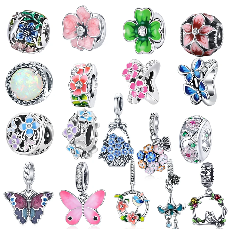 

BAMOER Colorful Birds Flowers Leaves Pendant 925 Sterling Silver Spring Charm fit Original Bracelet Fine Jewelry Accessories DIY