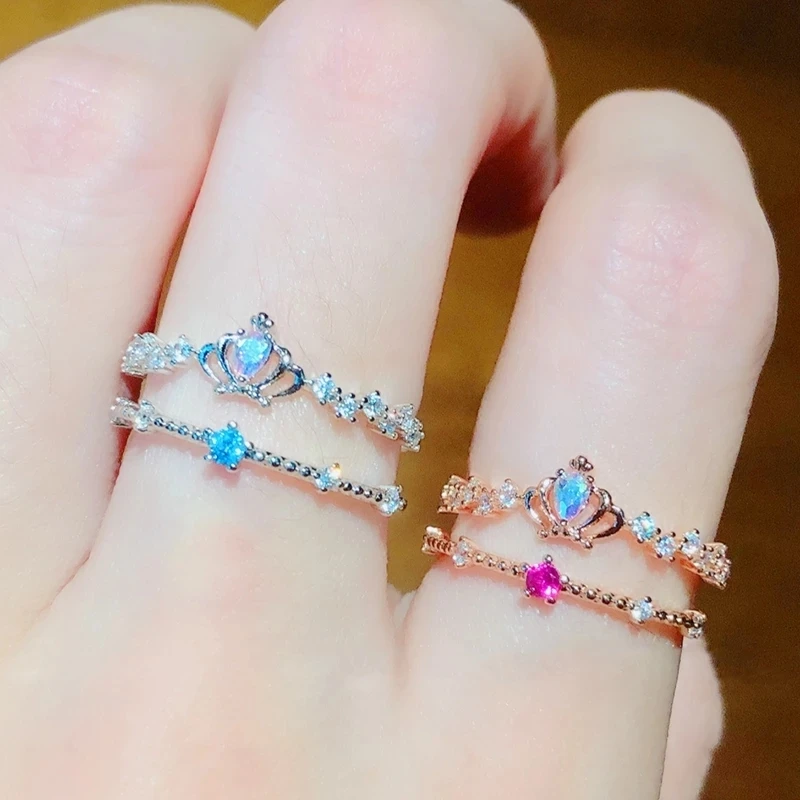 Korean Sweet Delicate Colorful Zircon Crystal Adjustable Metal Rings For Women Girls 2 Layers