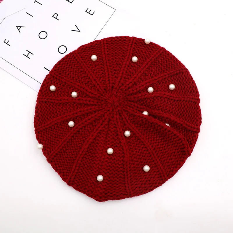 02 WZCX Pearl Inlay Solid Color Knitting Girl Beret Fashion New Keep Warm Autumn Winter Casual Tide Outdoor Women'S Hat Adult Cap - Цвет: 02