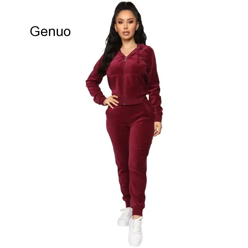 

2020 осенний женский топ с капюшоном на молнии и длинные штаны велюровый спортивный костюм спортивная одежда Рождественский Красный Бархатный комплект из двух предметов