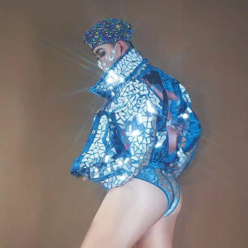 Women Prom Party Singer Wear Flashing Mirror Blue Imitation Denim Jacket Jazz Dance Show Outfit Birthday Celebrate Costumes |