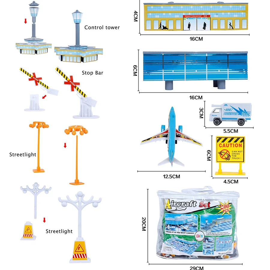 200Pcs Aircraft Airports Model Toy Figures Plastic Vechile Airplane Playset Airport Assembled