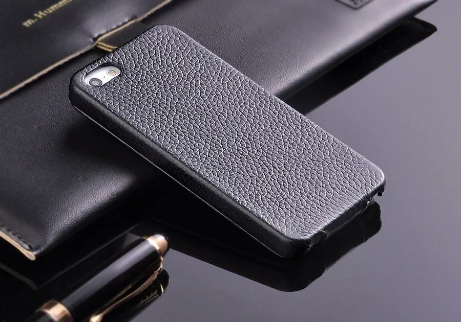 Premium Genuine Leather Vertical Flip Case with Screen Protector - Litchi Texture