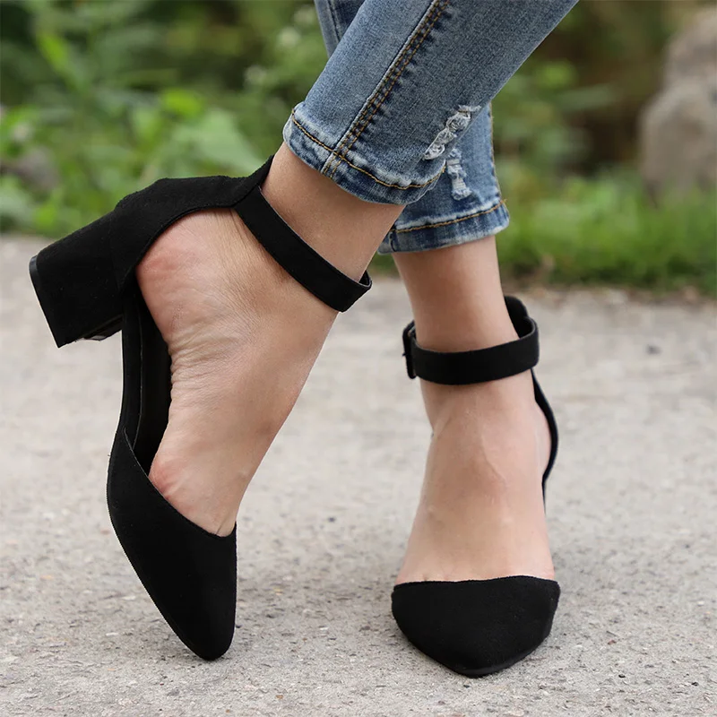 

New Summer Women Sandals Suede Ankle Strap Pumps Two Pieces Pointed Toe Female Cover Heels Fashion Party Wedding Ladies