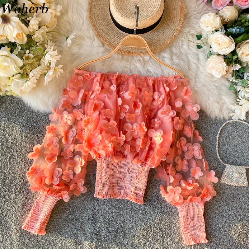 

Woherb Sexy Off Shoulder Chiffon Blouse 3D Flower Puff Sleeve Women Sweet Shirt 2020 Korean See Through Mesh Top Chiffon Blusas