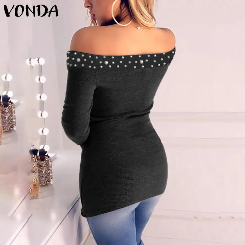 VONDA, Осенние свитшоты,, Женский Повседневный однотонный пуловер с длинным рукавом, водолазка, тонкая блуза на молнии, толстовка, плюс размер, рубашки