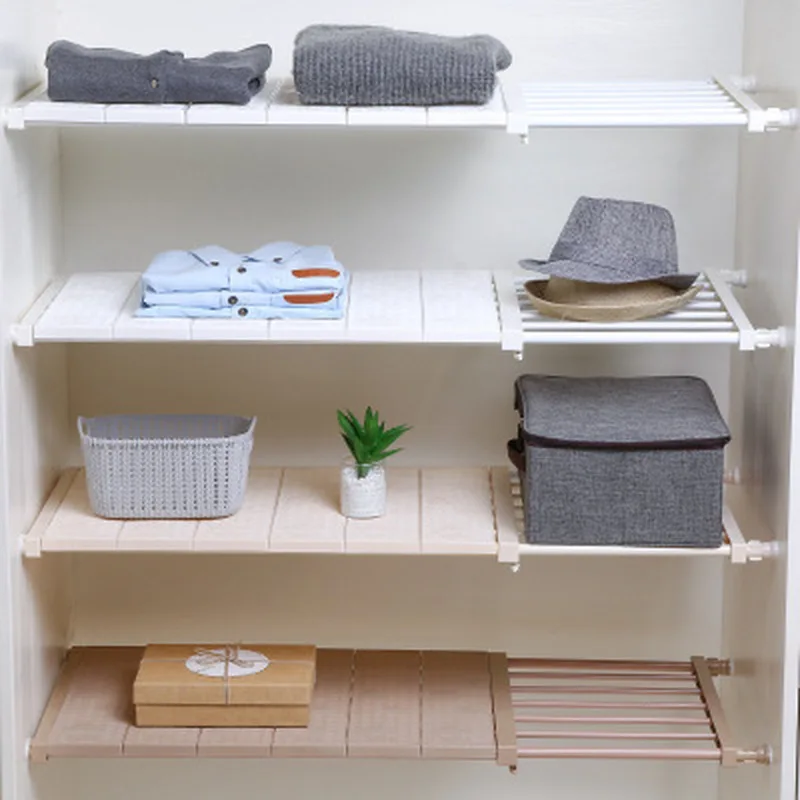 

Adjustable Wardrobe Closet Storage Rack Layered Partition Board Wall Shelf Retractable Bathroom Kitchen Storage Organization