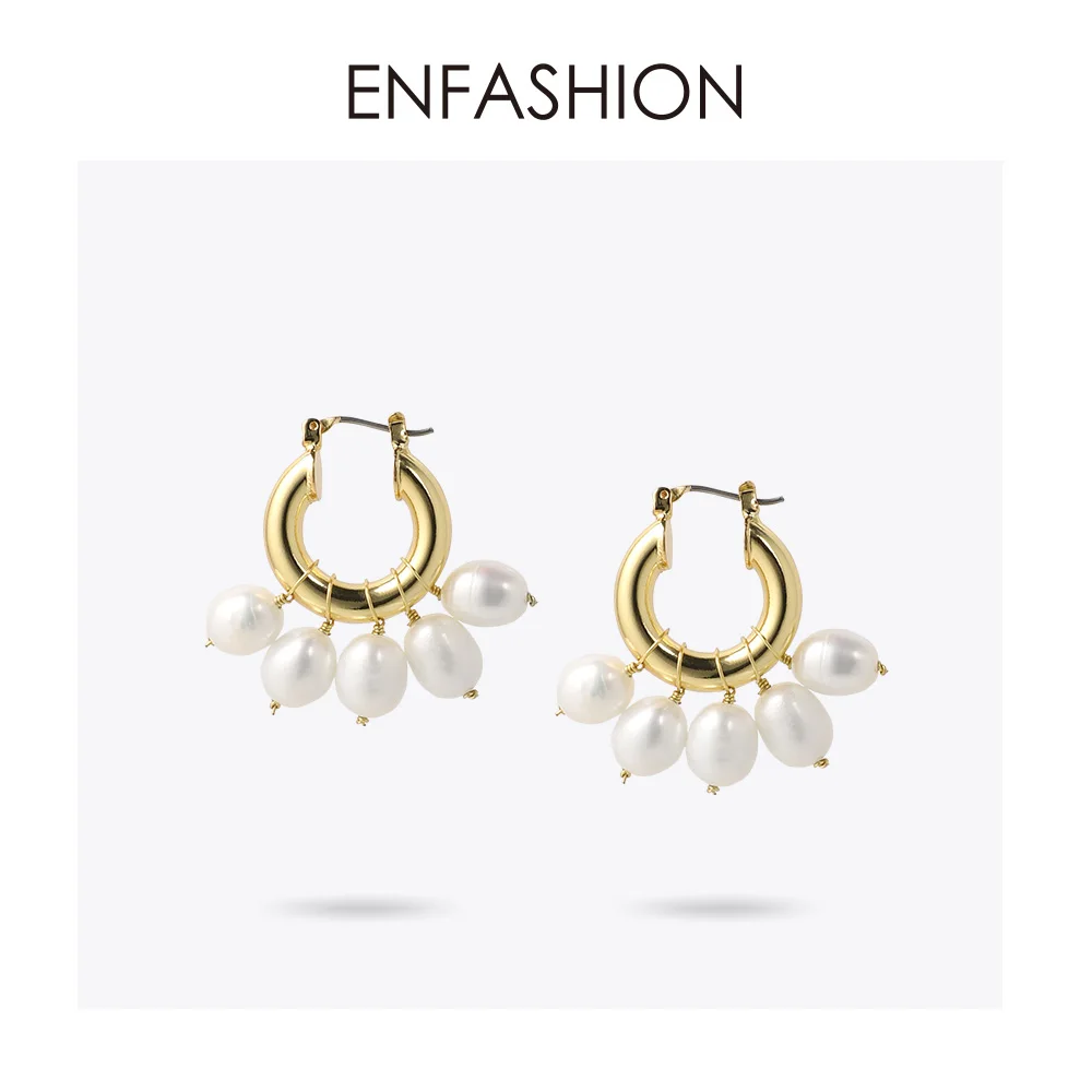 ENFASHION, серьги-кольца с натуральным жемчугом для женщин, золотого цвета, милые маленькие круглые обручи, серьги, модные ювелирные изделия Oorbellen E191117 - Окраска металла: Gold color