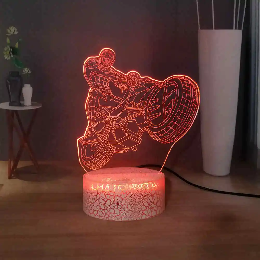 Новинка светодиодный ночник Человек паук на мотоцикле RGB 7 цветной сенсорный