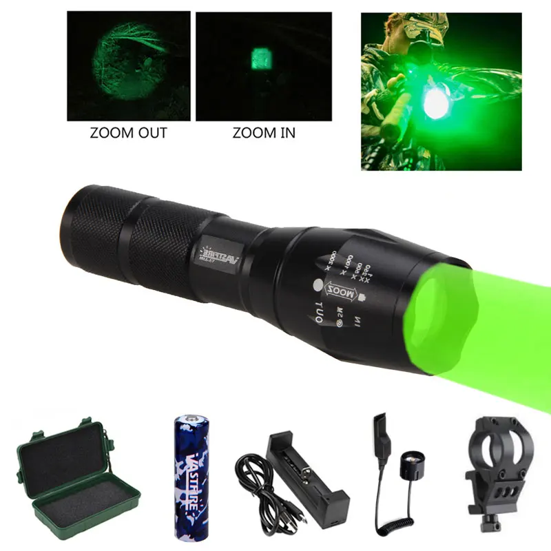 

A100 5000 Lumens Q5 Under-Barrel Hunting Flashlight Zoomable Pistol Gun Light Green/Red Torch+Mount+18650+Switch+usb charger+box