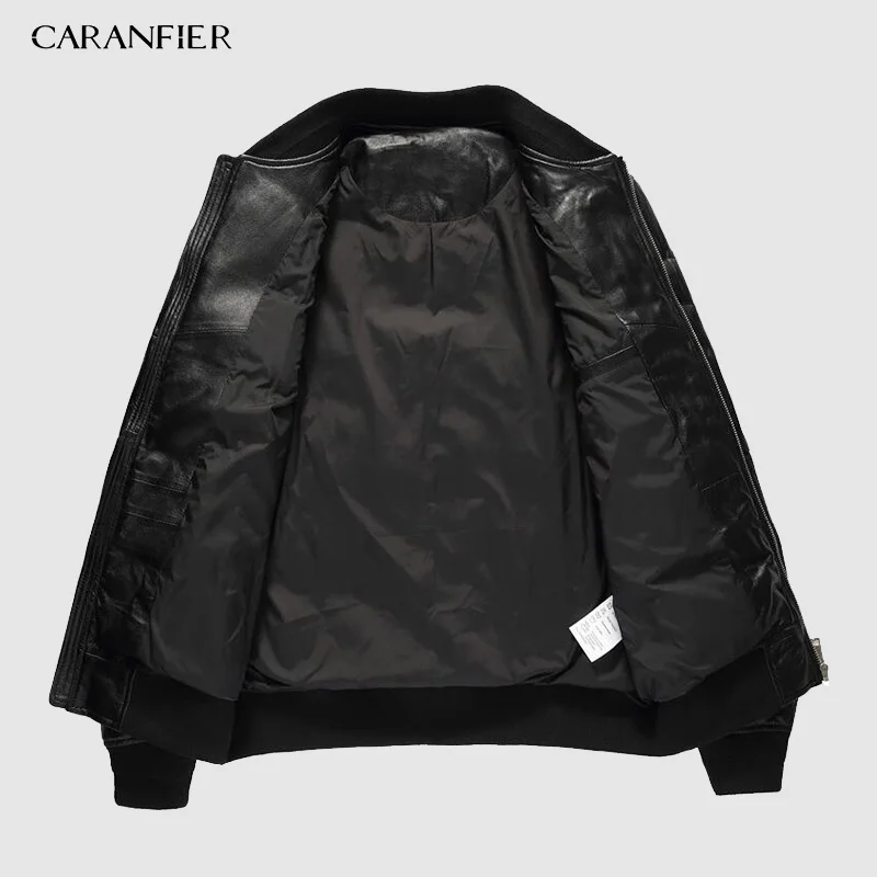 CARANFIER Мужская зимняя теплая черная натуральная кожа настоящая овчина куртка-бомбер на утином пуху пальто Jaqueta De Couro Deri Ceket