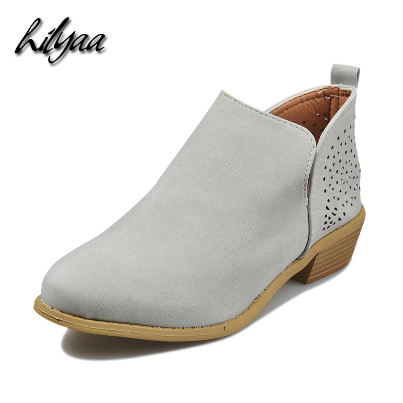 

Woman Ankle Boots Flock Low Square Heels Slip-On Round Toe Solid Female Casual Shoes Loafers Big Size Women Booties botas 2020