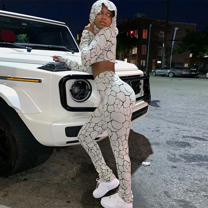 QuanRun-conjunto informal de 2 piezas para mujer, Top con capucha de manga larga + Pantalones largos ajustados, chándal de moda con estampado a rayas para Fitness