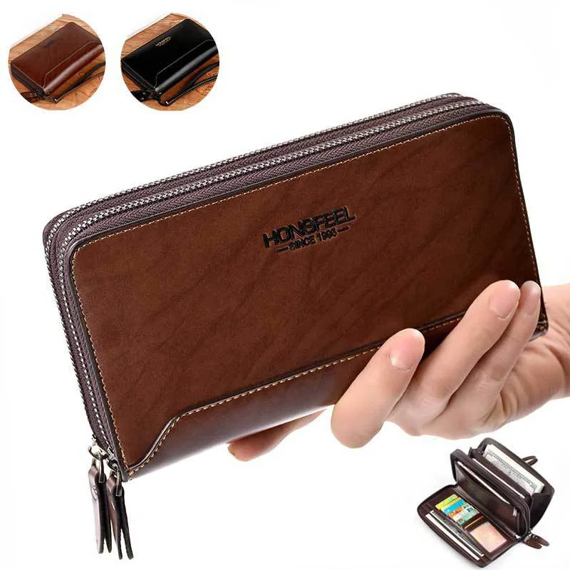 Men's Wallets Casual Business Clutch Purses Double Zipper Design Men Clutch Wallet Pu Leather Solid Phone Case Money Bags Male