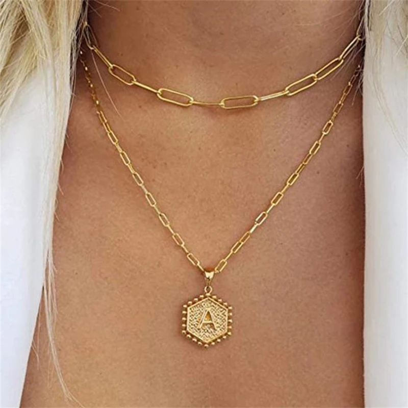English Alphabet Necklaces Pendants Double Layer Hexagon Initials Name Capital Letter Necklace Long Charm Fashion Jewelry Gifts | Украшения