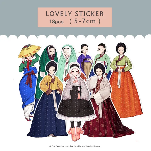 18pcs Ancient Korean Girl Hanbok Stickers Crafts And Scrapbooking stickers kids toys book Decorative sticker DIY Stationery