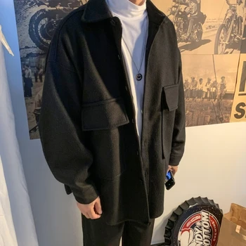 

2019 Autumn And Winter Korean Fashion Casual Solid Color Jacket Male Ins Thick Woolen Windbreaker Black Gray / Army Green