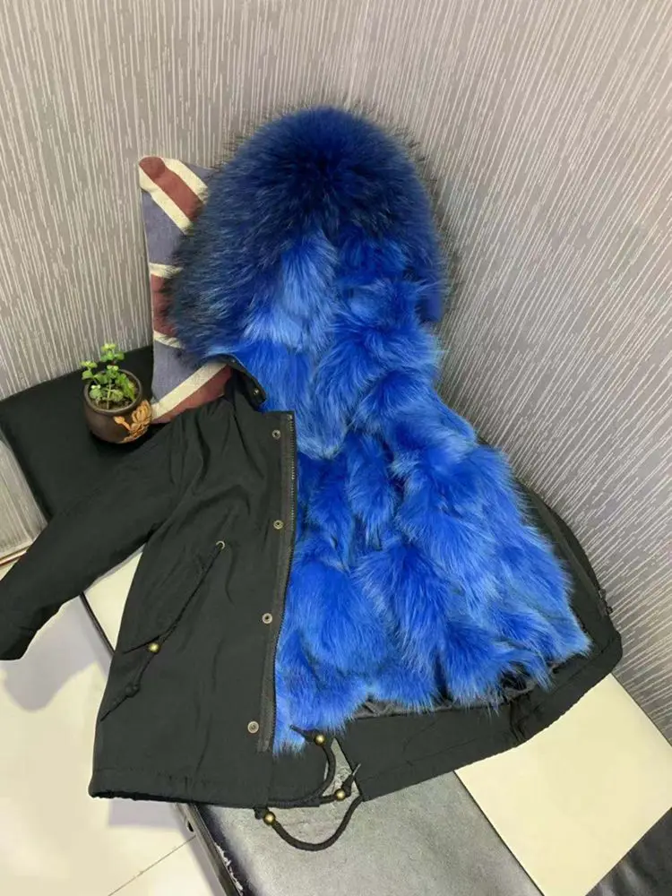 Black Blue Стильная Детская шуба из натурального Лисьего меха; зимняя парка для мальчиков и девочек; детская верхняя одежда с капюшоном и натуральным мехом енота; Меховая куртка для девочек; TZ205 - Цвет: Black Blue