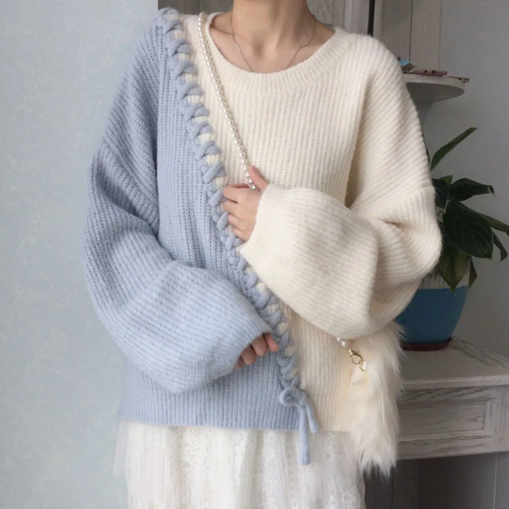 

Sweater Soft Milk And Blue Japanese Female Loose-fitting Outer Pullover Stitching Sweet Round Neck Suit 2020 Autumn Winter