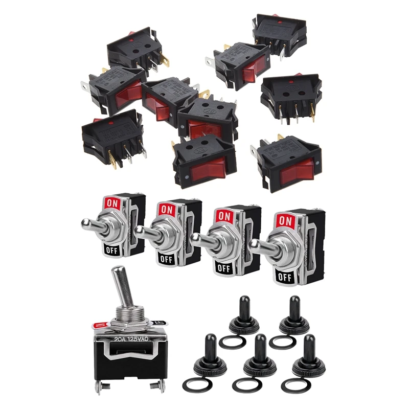 5 шт. 15A/250 В 20A/125 В AC ВКЛ./ВЫКЛ. SPST переключатель: 10 шт. красный неоновый светильник лампа лодка кулисный переключатель и 5 шт. сверхмощный Кулисный Переключатель Sw