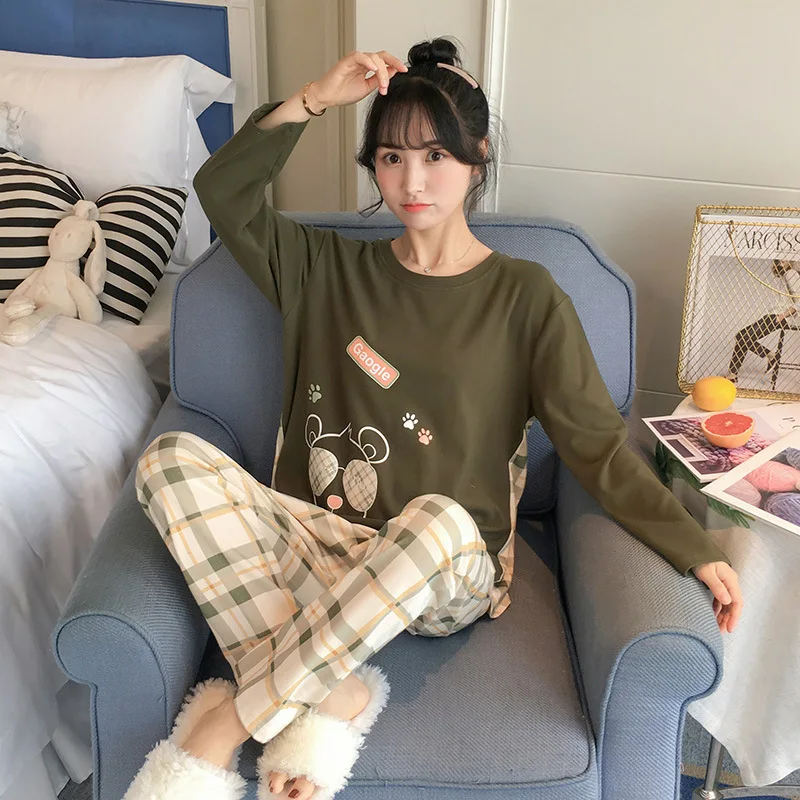 

Pajamas Women's Spring And Autumn Long Sleeve Korean-style Extra-large Loose-Fit Two-Piece Set Women's Cute Students Homewear Se