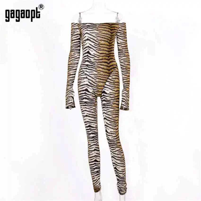 Tiger pattern Gagaopt сексуальные женские с открытыми плечами с длинным рукавом Цветочные Повседневные Вечерние клубный комбинезон - Цвет: Tiger pattern