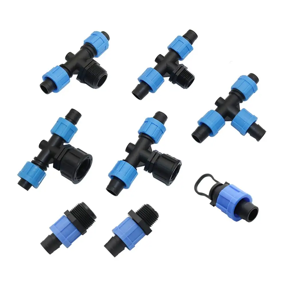 

2Pcs 16mm Drip Tape Straight Tee Type Connectors With Locked 1/2" 3/4" Thread DN17 Pipe Water Connectors Garden Irrigation Tools