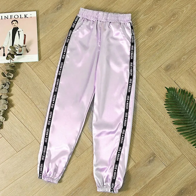 light purple MoneRffi, большой карман, сатиновые штаны-шаровары, Женские глянцевые спортивные брюки с лентами, BF стиль, Harajuku, женские спортивные штаны для бега - Цвет: light purple