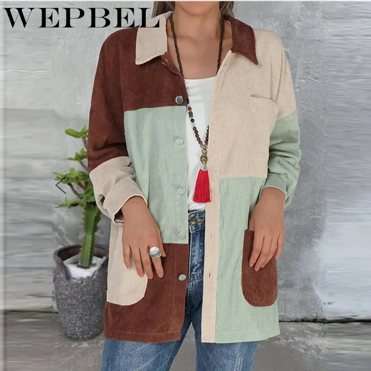 

WEPBEL Autumn and Winter Cardigan Single-Breasted Long Sleeve Coat Women's Turn-down Collar Casual Loose Patchwork Pockets Coat