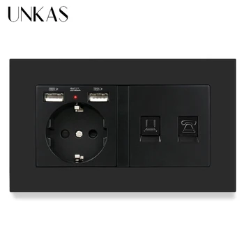 

UNKAS PC Plastic Panel EU Standard Wall Socket with 2 USB + Telephone Connector and RJ45 Internet Jack enchufe usb pared