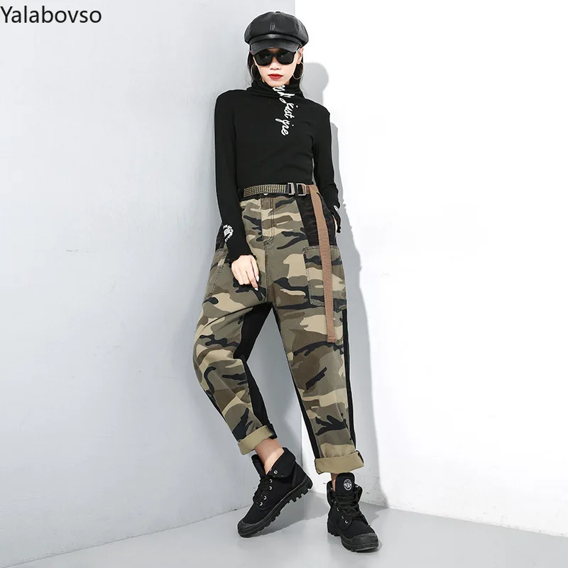 

2019 camouflage loose pants with belt Harem pants Street large casual pants Ankle-Length Pants Elastic Waist Side Stripe pants