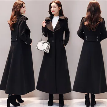 

Fashion Extra long Woolen Coat Women 2019 Autumn Winter New Waisted X-Long Wool Trench Coat Black Overcoat Female manteau femme
