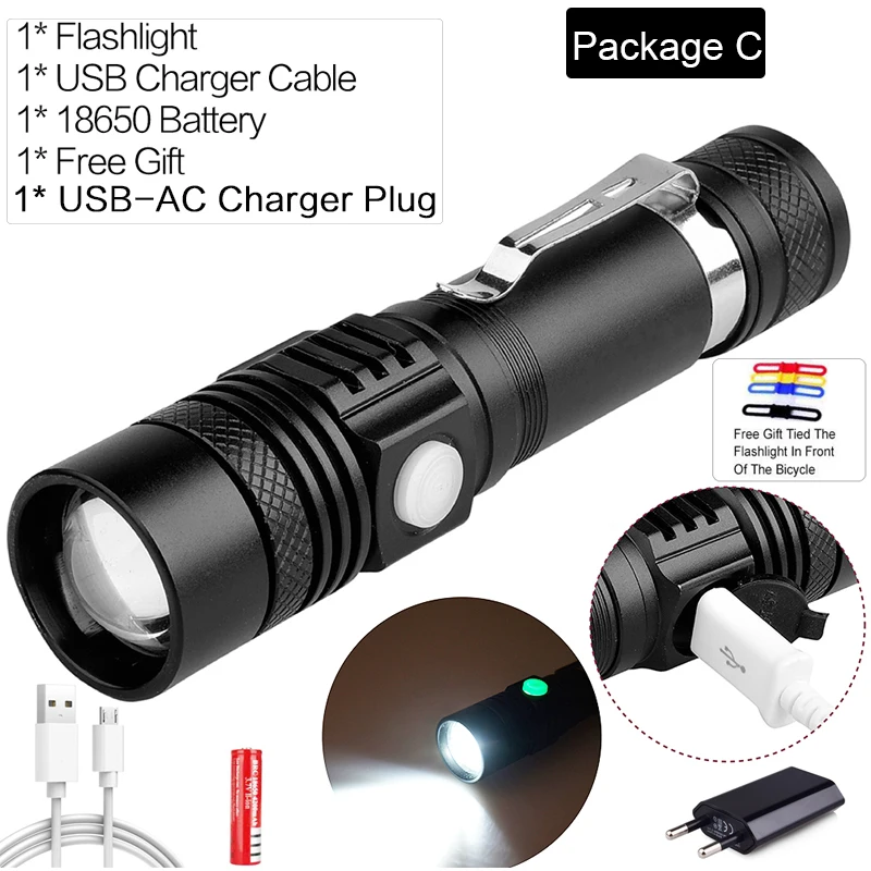Package C XHP70 светодиодный фонарик USB Перезаряжаемый XHP50 светодиодный фонарь масштабируемый фонарик тактический фонарь с аккумулятором 18650 26650 - Испускаемый цвет: Package C