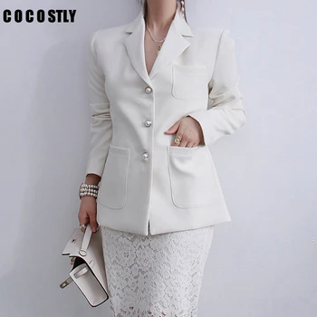 

2019 women formal black and white blazer long sleeve ladies coat female pockets buttons blazer work office business suit