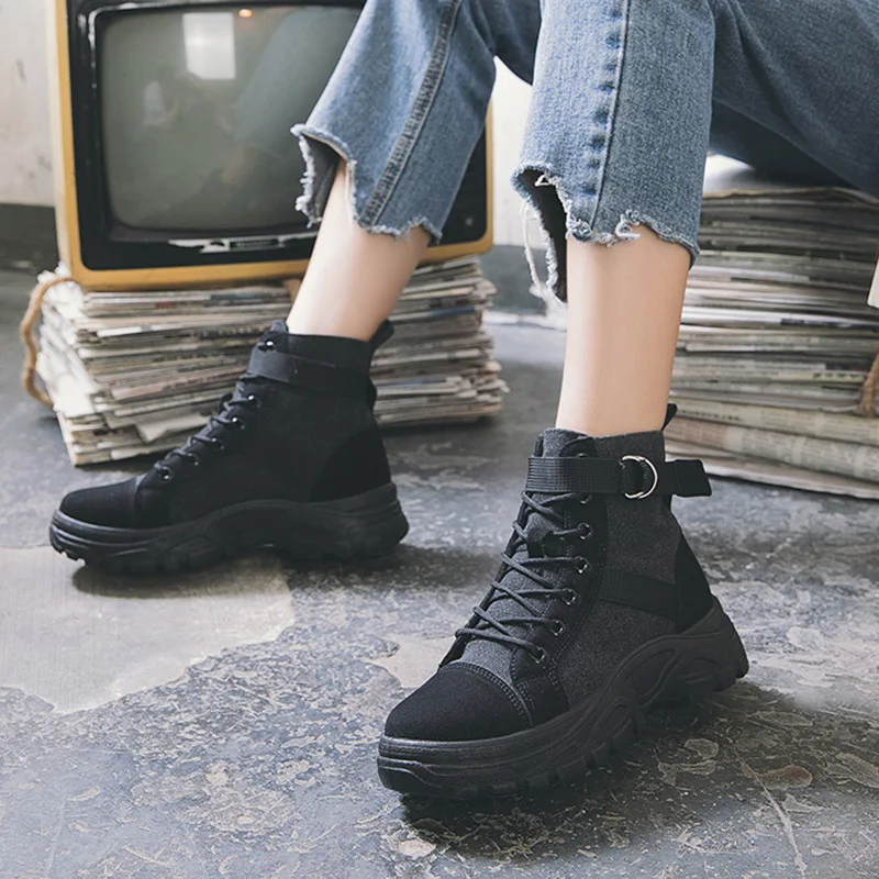 

2019 Autumn & Winter WOMEN'S Canvas Shoes Hight-top Solid Color Martin Boots Fashion Simple Campus Students British-Style Cloth