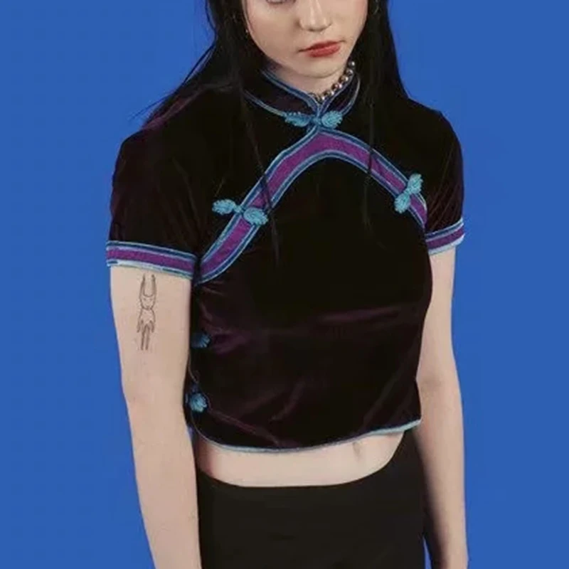 Vintage Women Chinese Traditional Velvet Blouse Summer Sexy Shirt Mujer Modern Chinese Style Clothing Tops