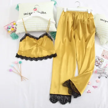 

Spring New Sexy Lace Women Pyjamas V Neck Spaghetti Strap Trousers Set Sleepwear