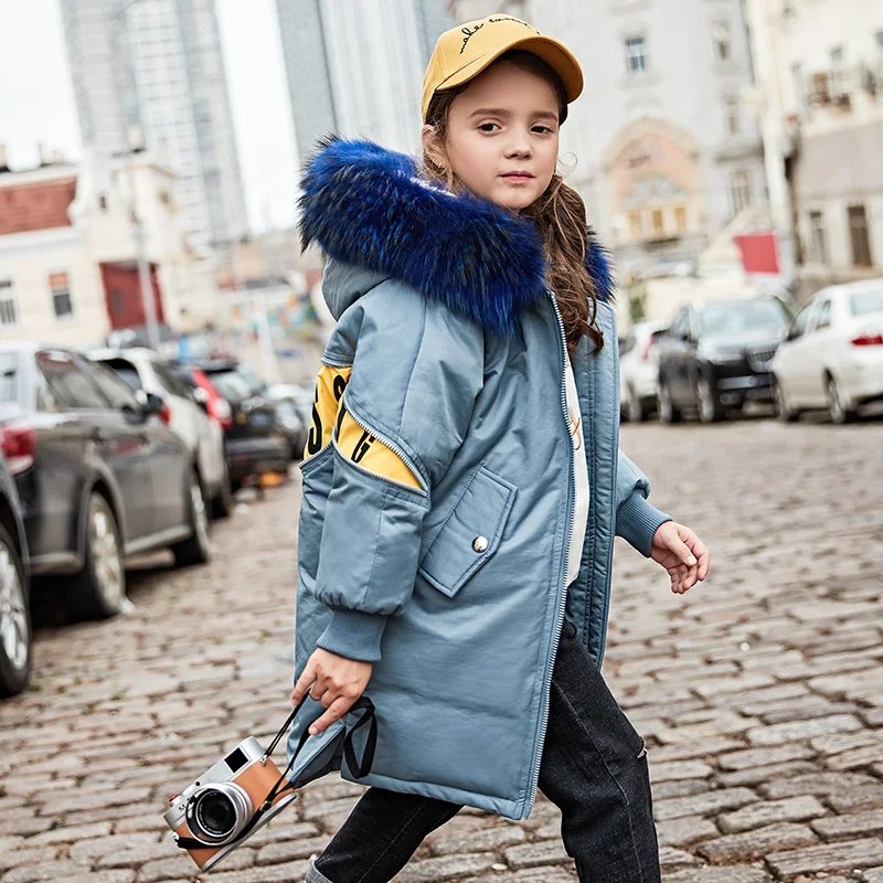 

HSSCZL Girls down jackets 2019 brand winter thicken natural fur collar outerwear overcoat fashion kids children's clothing 6-14Y