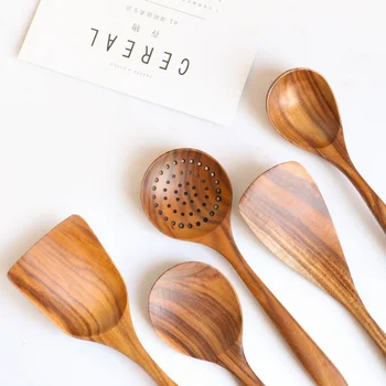 

Natural Teak Wood Tableware Spoon Long Rice Colander Soup Skimmer Cooking Soup Spoons Scoop Kitchen Tool Set