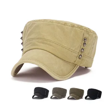 

Autumn Flat Top Hat Men Women Couple Military Hat Cotton Fashion Riveted Sun Hat Woman Military Hat Fishing Cap Sun Windproof