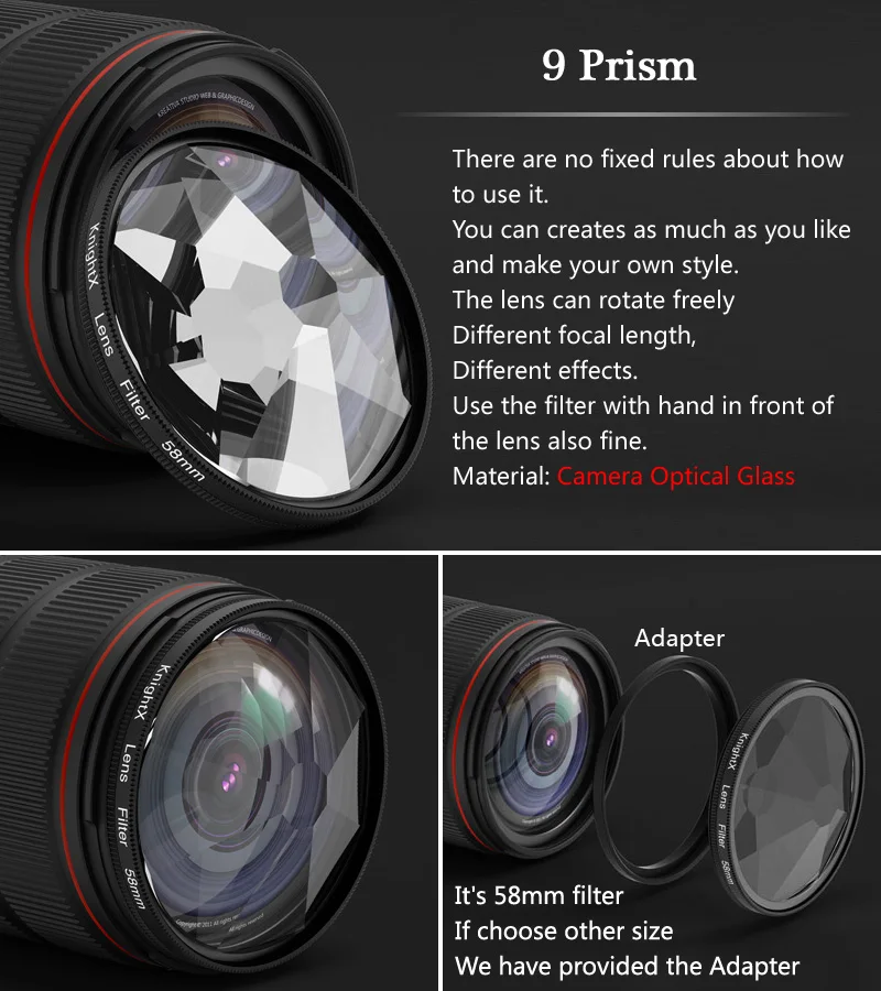 KnightX 9 Prism Filter 52mm 58mm 67mm 77mm Camera Split Diopter Rotating  dslr accessories Photography nd filter