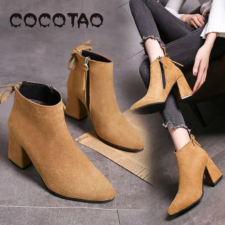 

2019 New Winter Boots In The Thick With Han Edition High-heeled Boots Martin Single Point Short Boots Boots Female Boots37