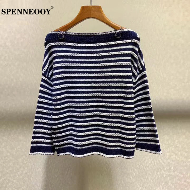 

SPENNEOOY Designer Custom Runway Female Spring Off Shoulder Knitting Pullovers Slash Neck Striped Knit Women Vintage Sweater