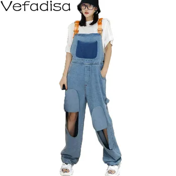 

Vefadisa Fashion Hole Denim Overalls Patchwork Women Jumpsuits 2020 Summer Sleeveless Rompers Loose Denim Jumpsuits Blue QYF3024